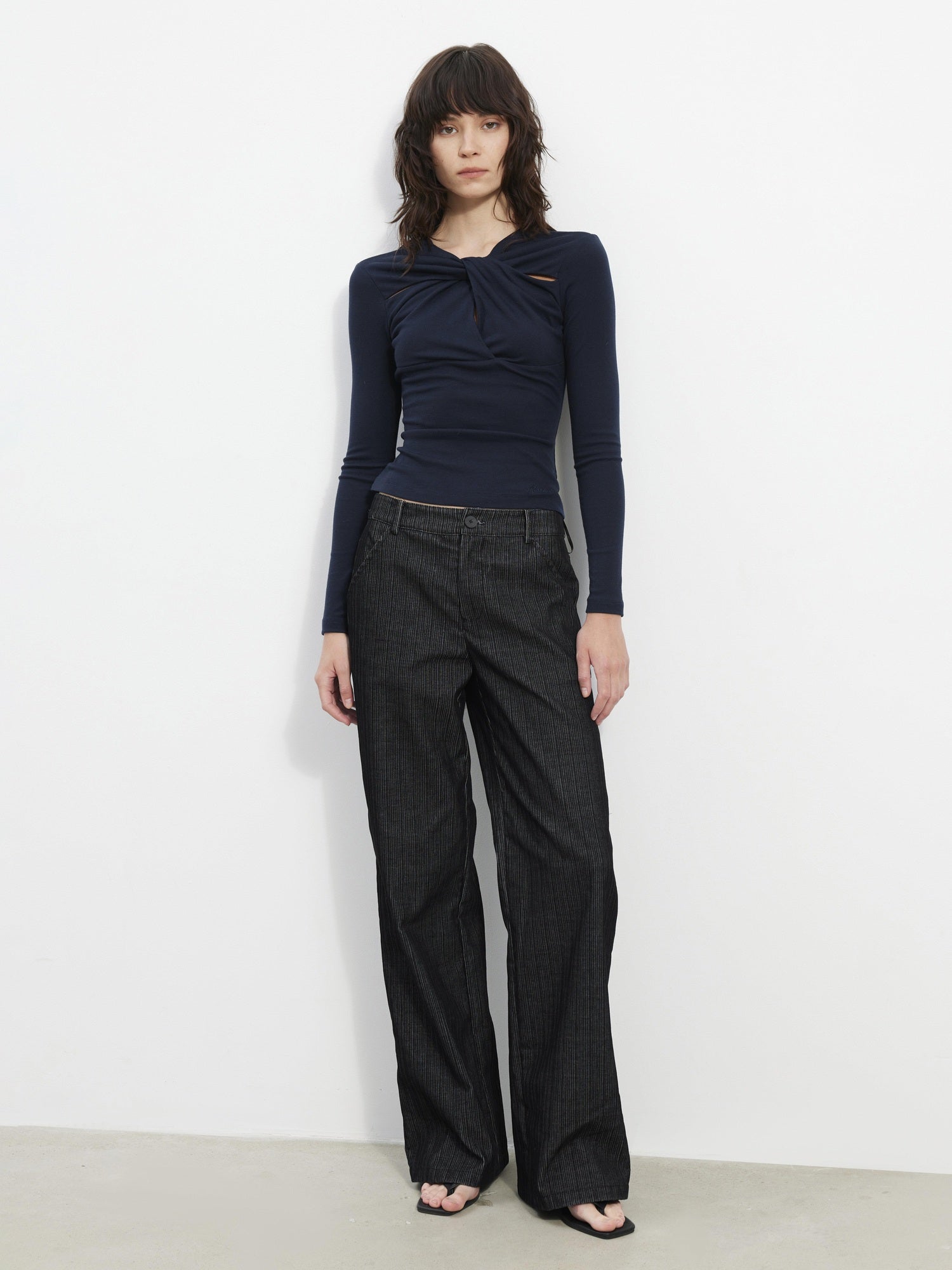 AFTADAWN Wrinkle Resistant Striped Wide Leg Pockets Women Black Polyester Blend Pants