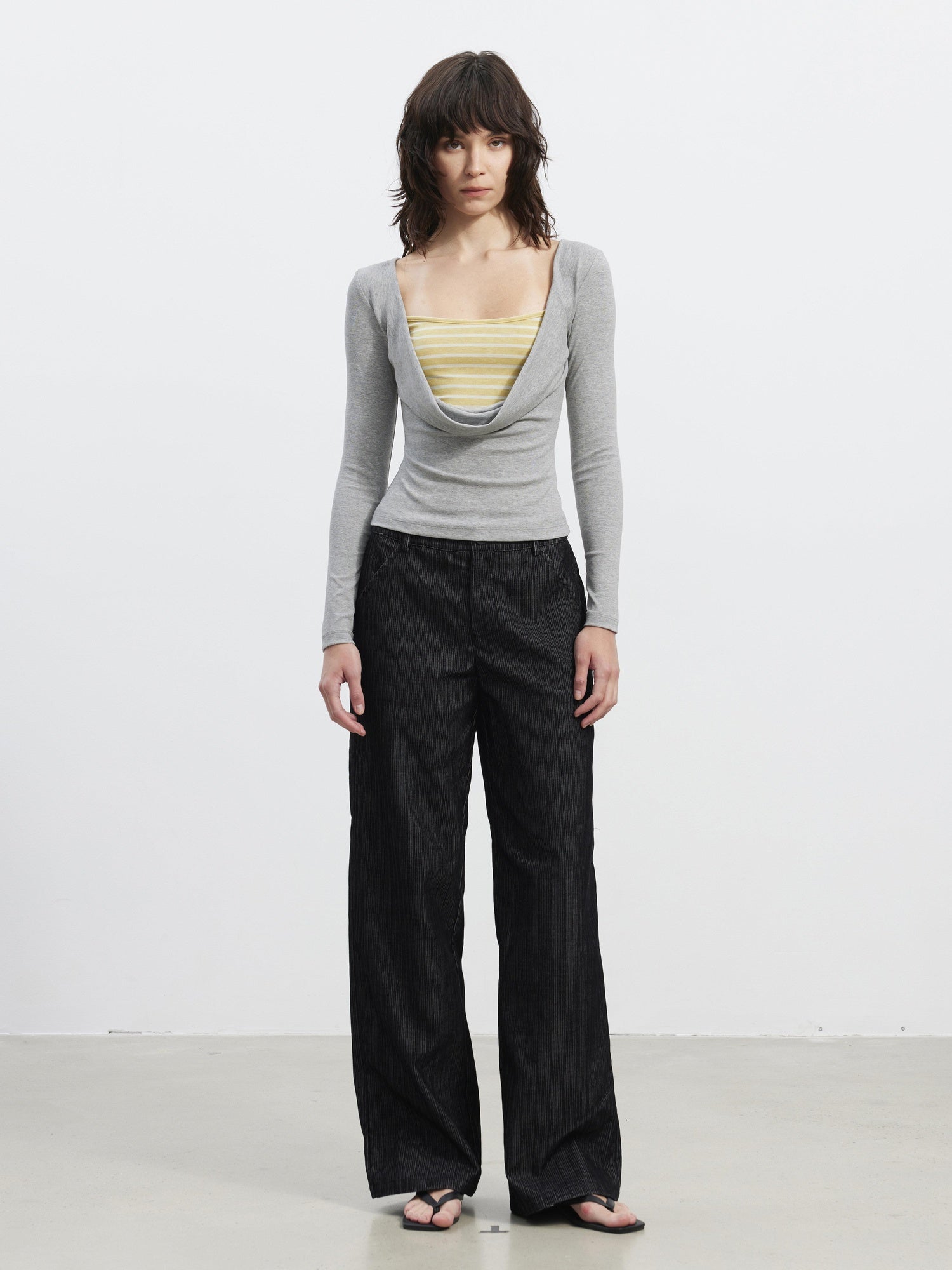 AFTADAWN Wrinkle Resistant Striped Wide Leg Pockets Women Black Polyester Blend Pants