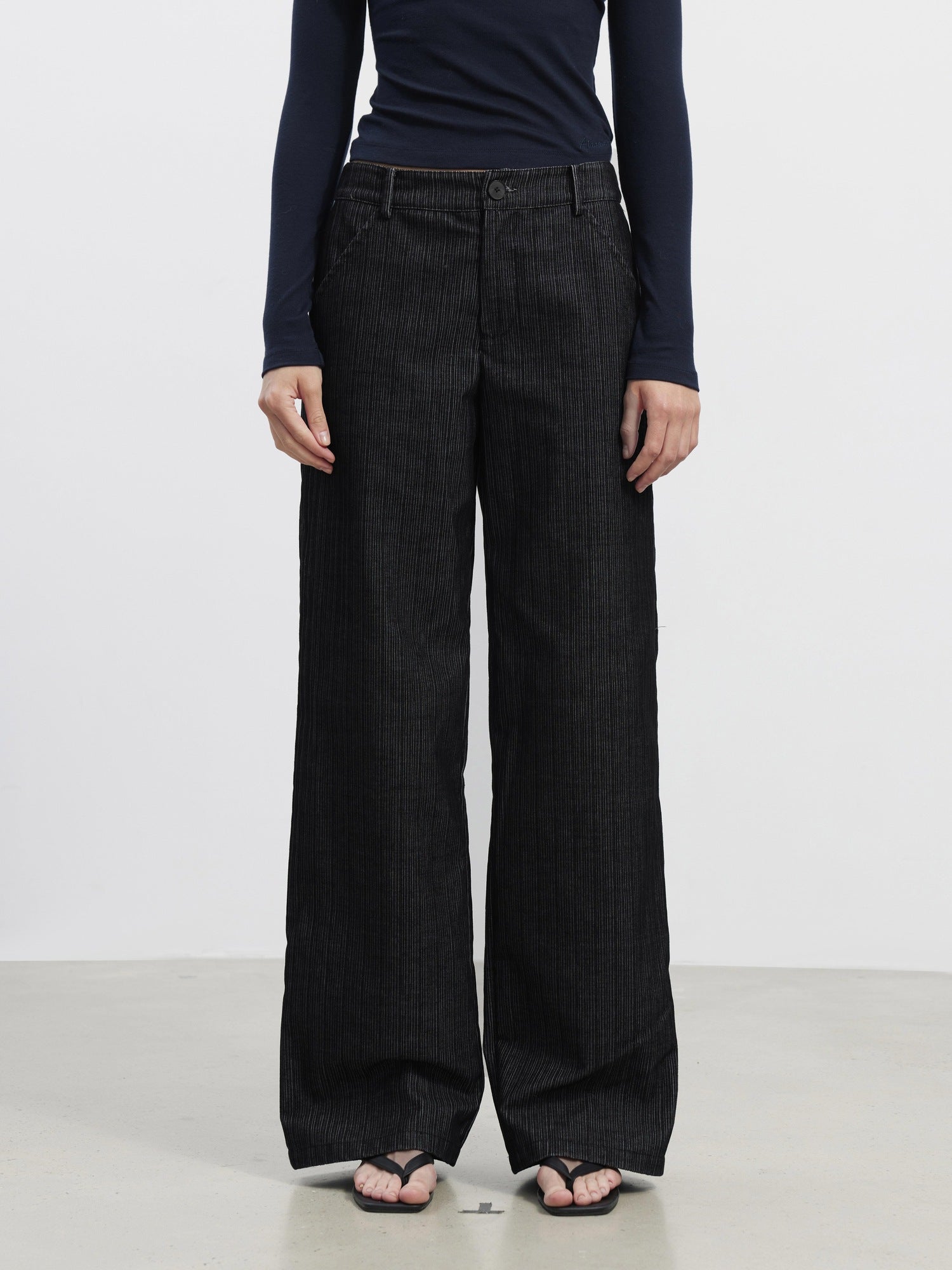 AFTADAWN Wrinkle Resistant Striped Wide Leg Pockets Women Black Polyester Blend Pants