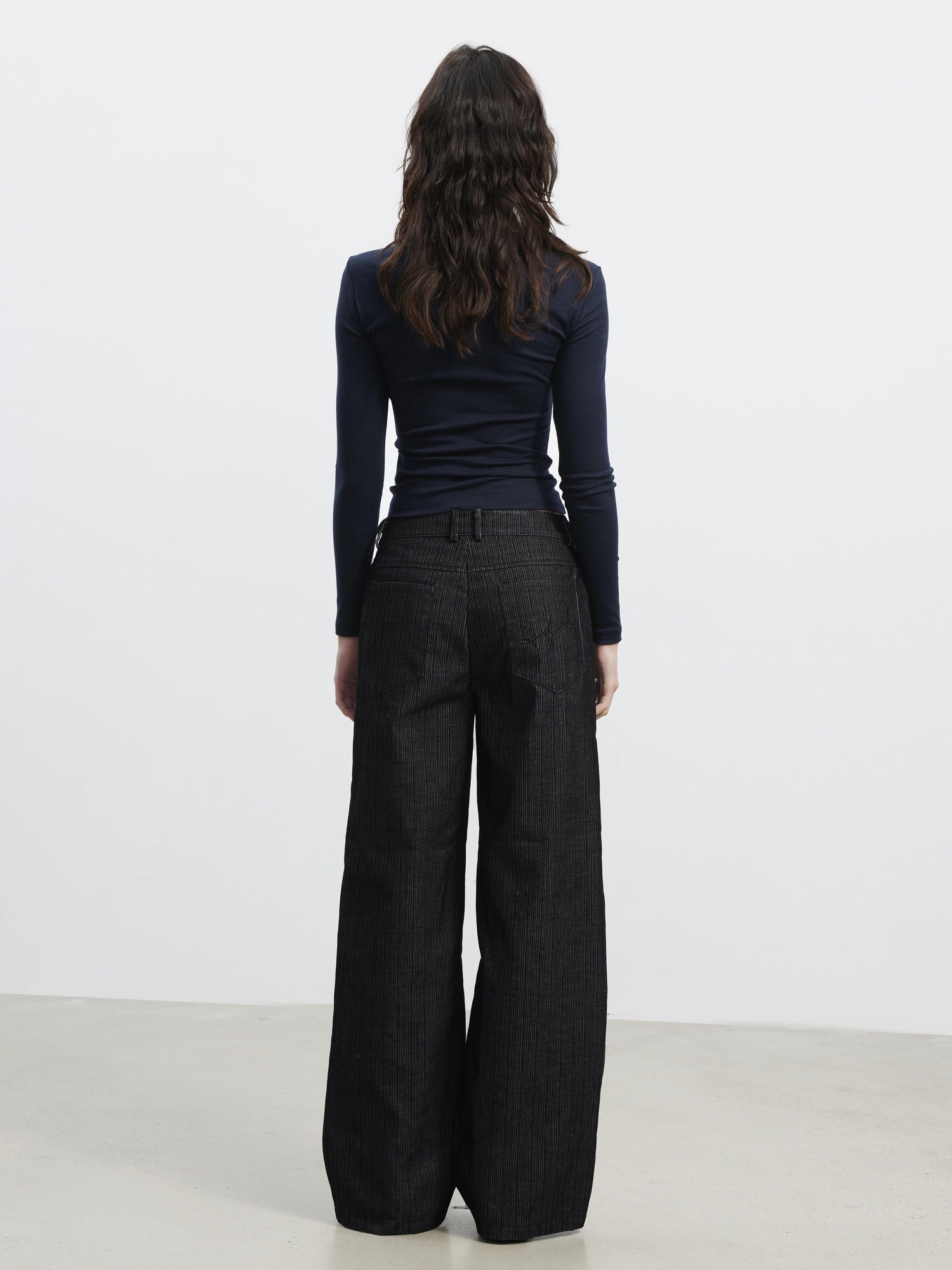 AFTADAWN Wrinkle Resistant Striped Wide Leg Pockets Women Black Polyester Blend Pants