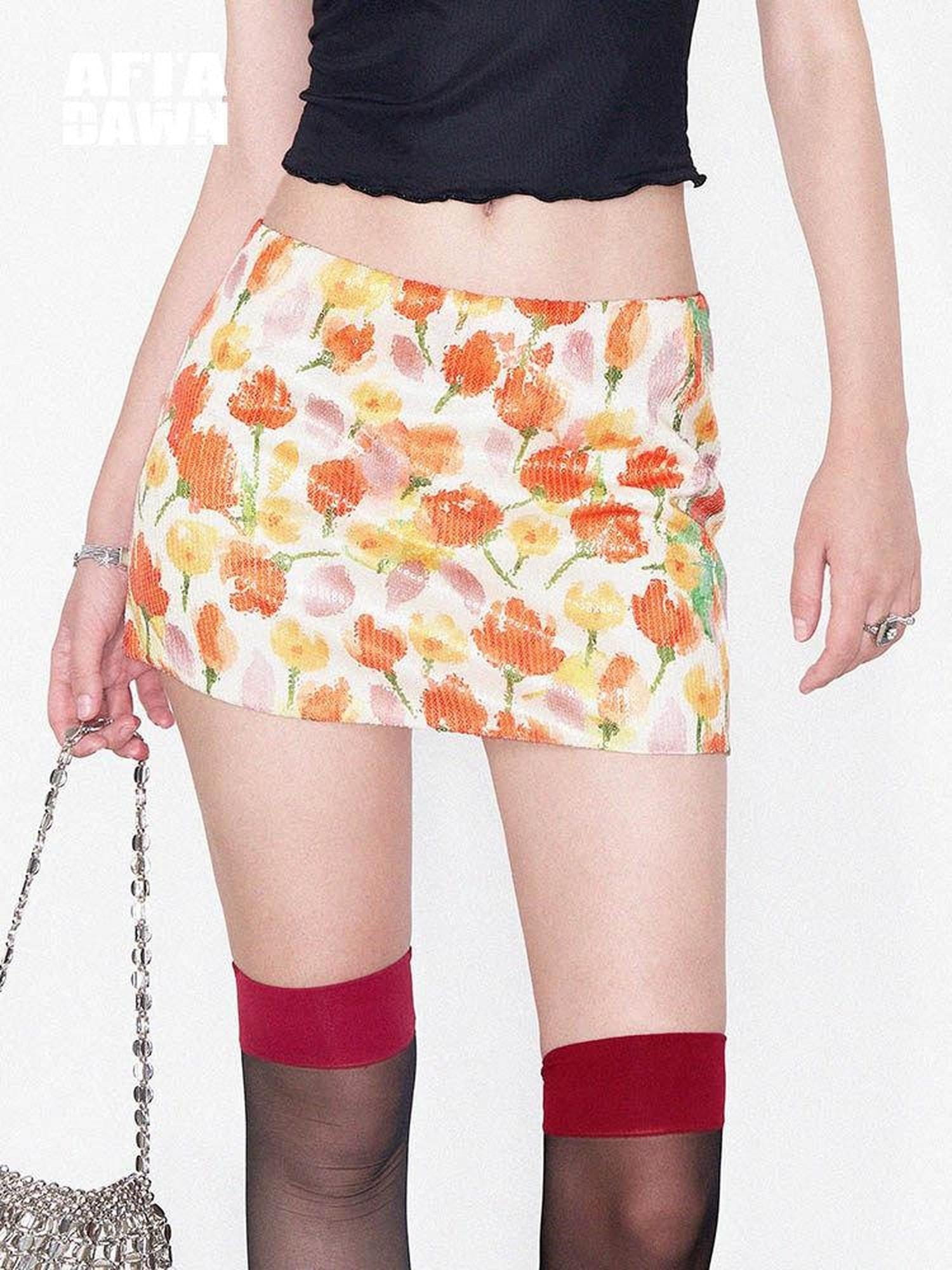 AFTADAWN Yellow Sequin Floral Print Low Waist A Line Women&
