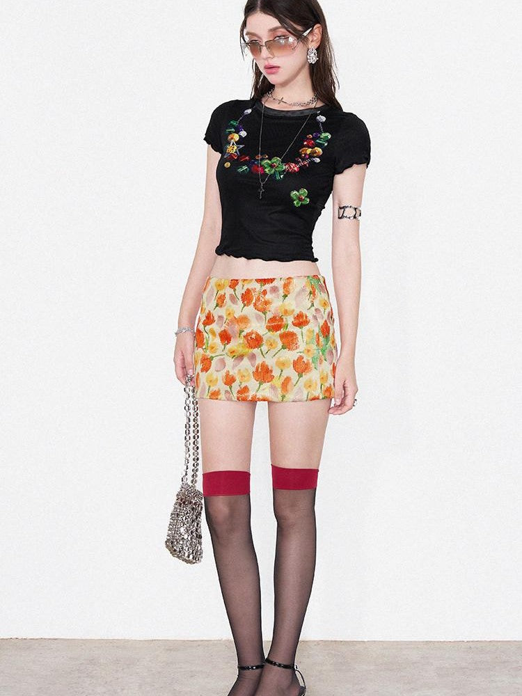 AFTADAWN Yellow Sequin Floral Print Low Waist A Line Women&