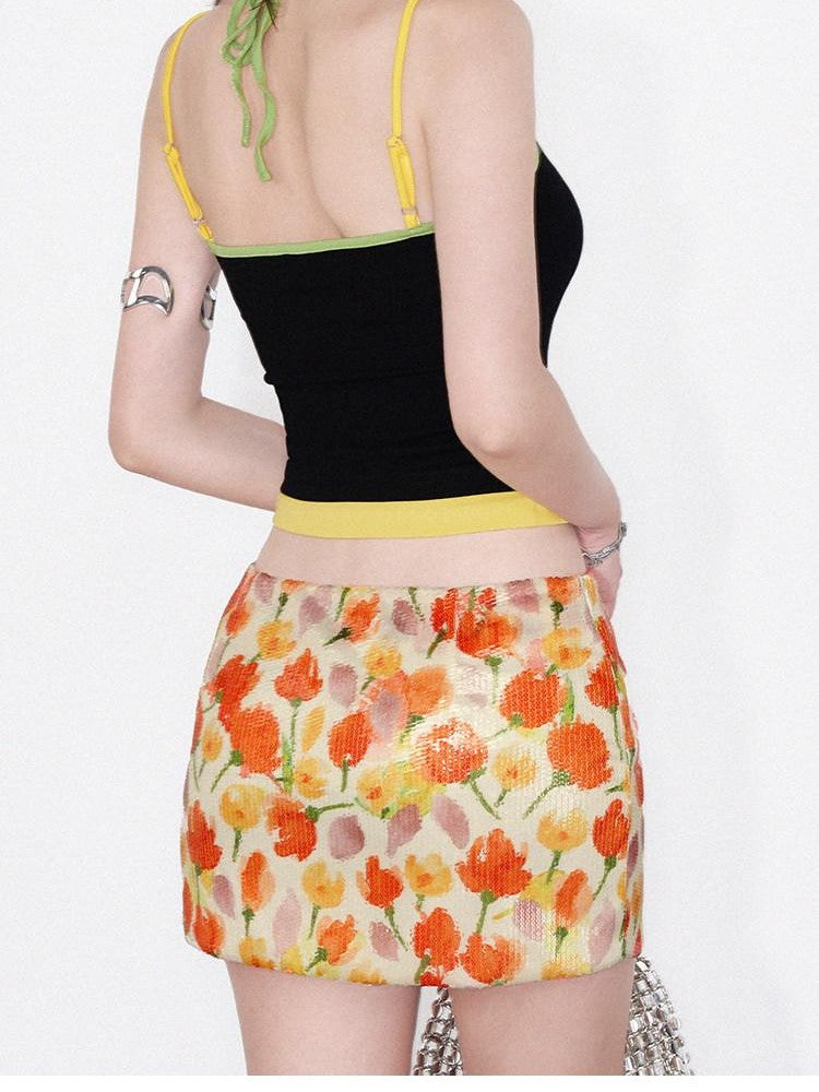 AFTADAWN Yellow Sequin Floral Print Low Waist A Line Women&