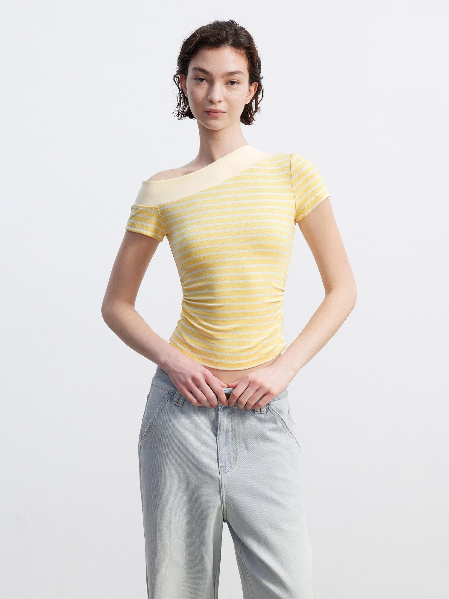 AFTADAWN Yellow Striped Ribbed Asymmetric Patchwork Women&