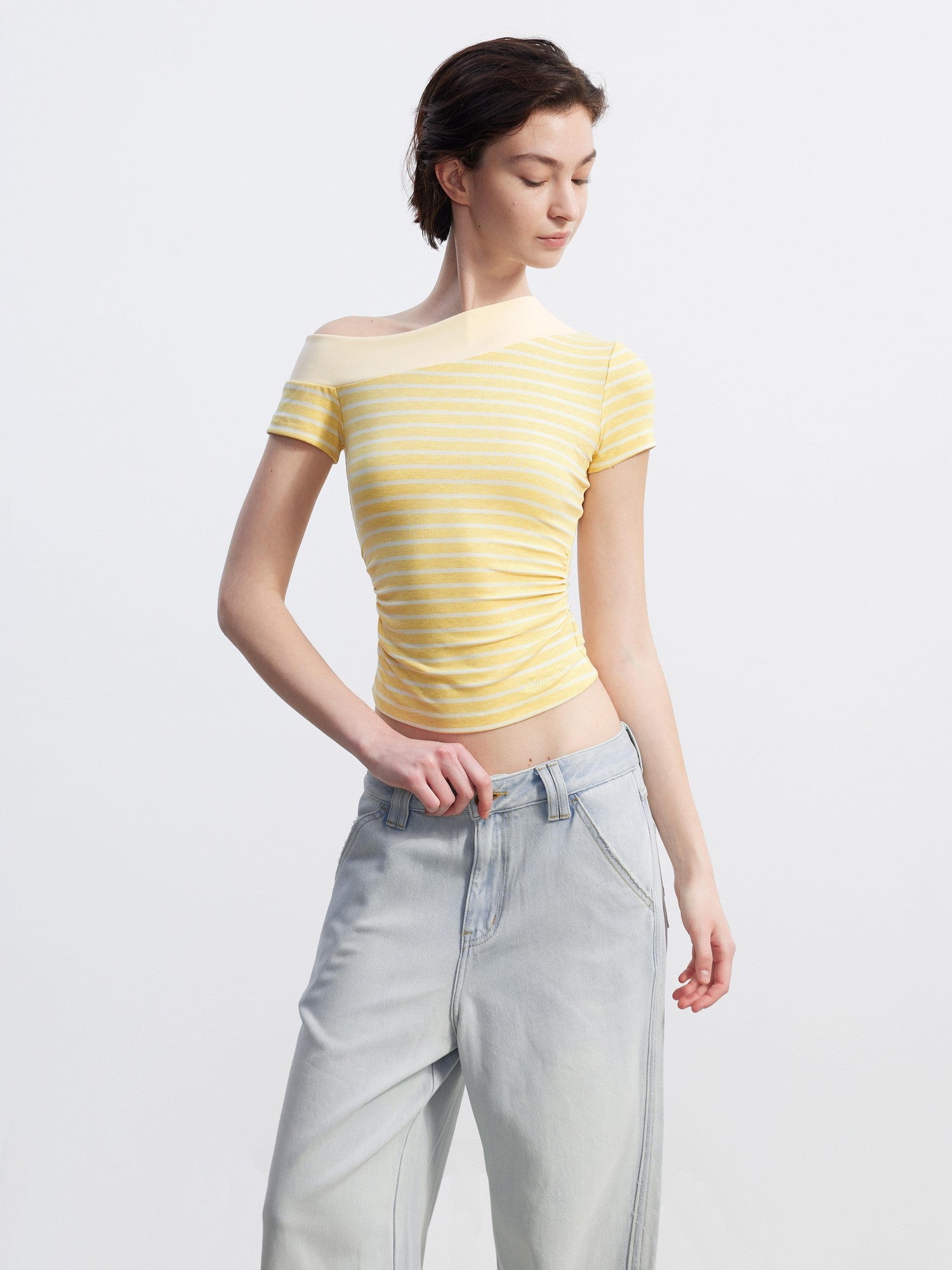 AFTADAWN Yellow Striped Ribbed Asymmetric Patchwork Women&
