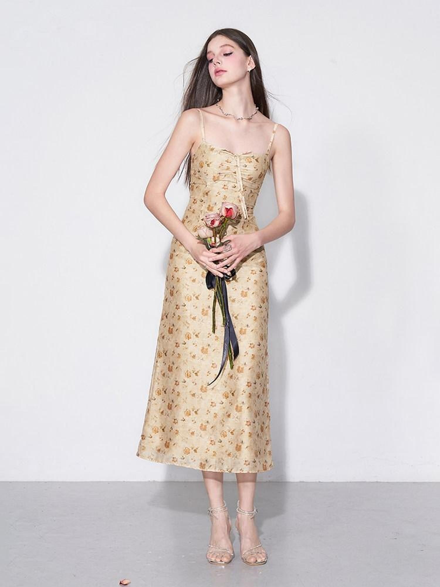 AFTADAWN Yellow Textured Jacquard Cinched Waist Aline Women&