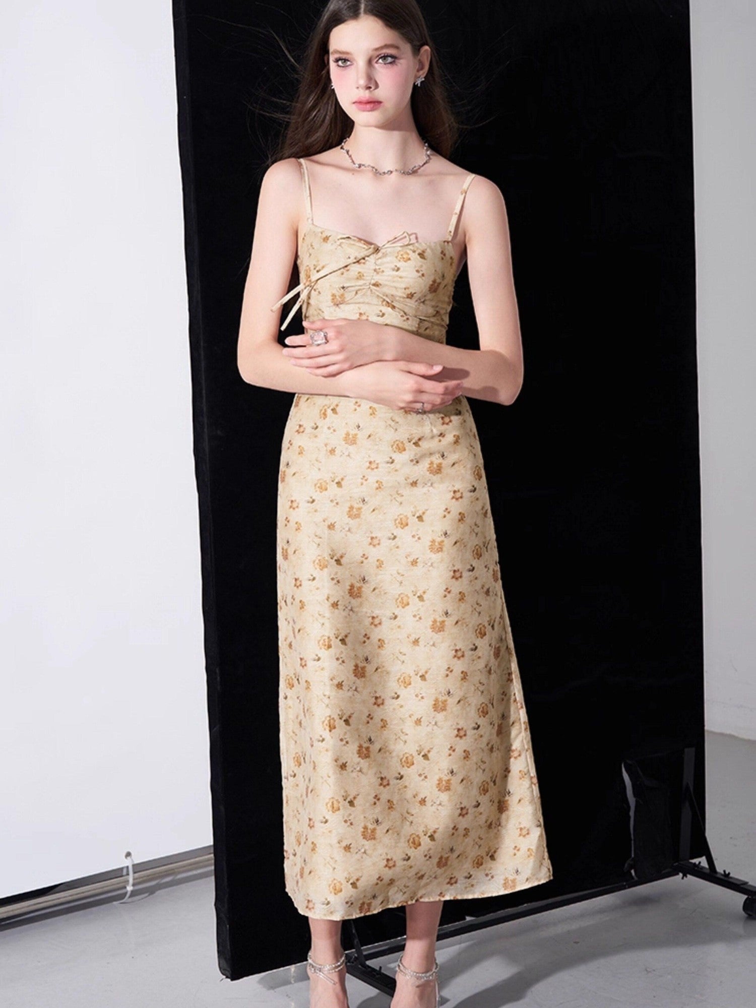 AFTADAWN Yellow Textured Jacquard Cinched Waist Aline Women&
