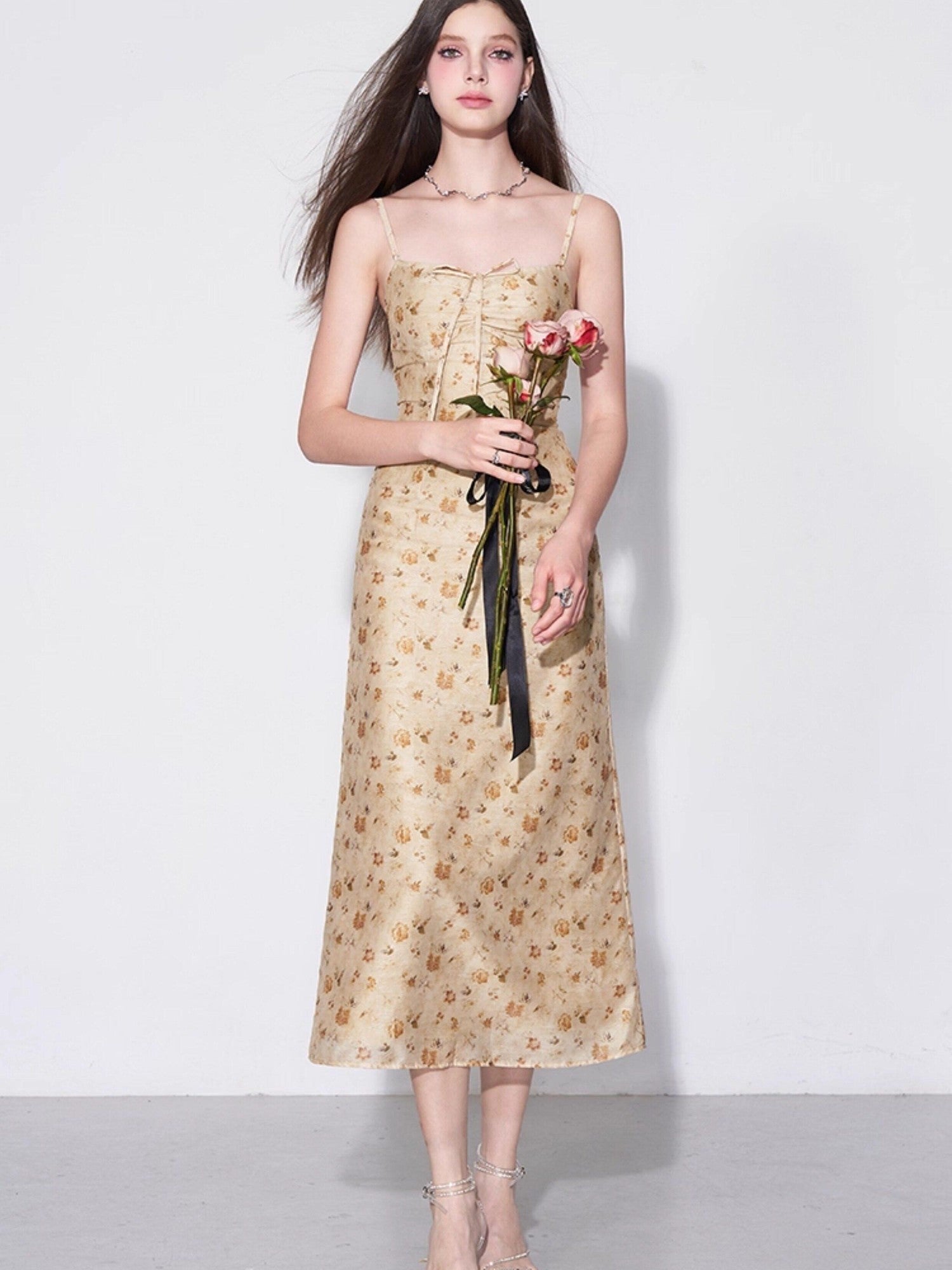 AFTADAWN Yellow Textured Jacquard Cinched Waist Aline Women&