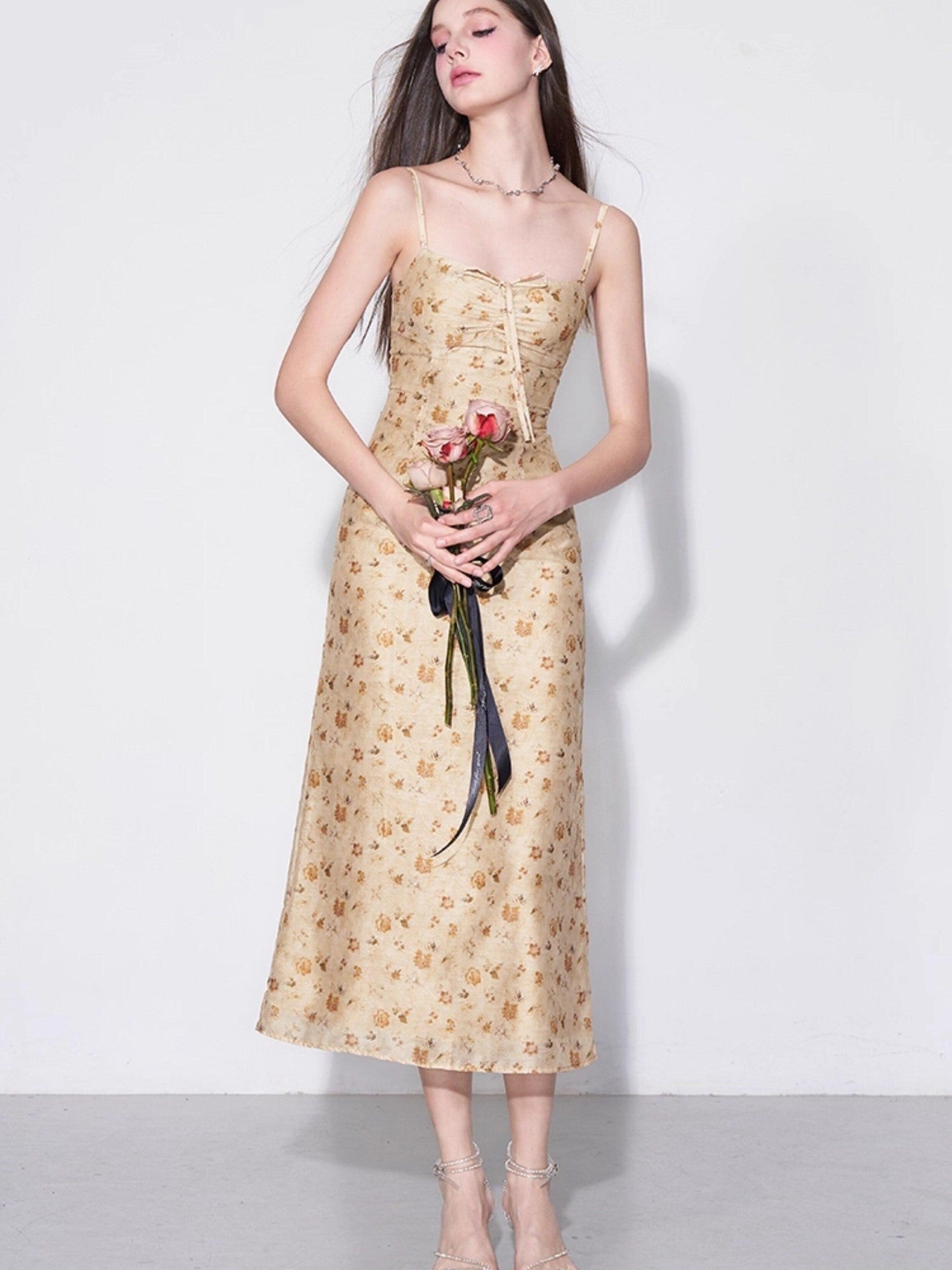 AFTADAWN Yellow Textured Jacquard Cinched Waist Aline Women&
