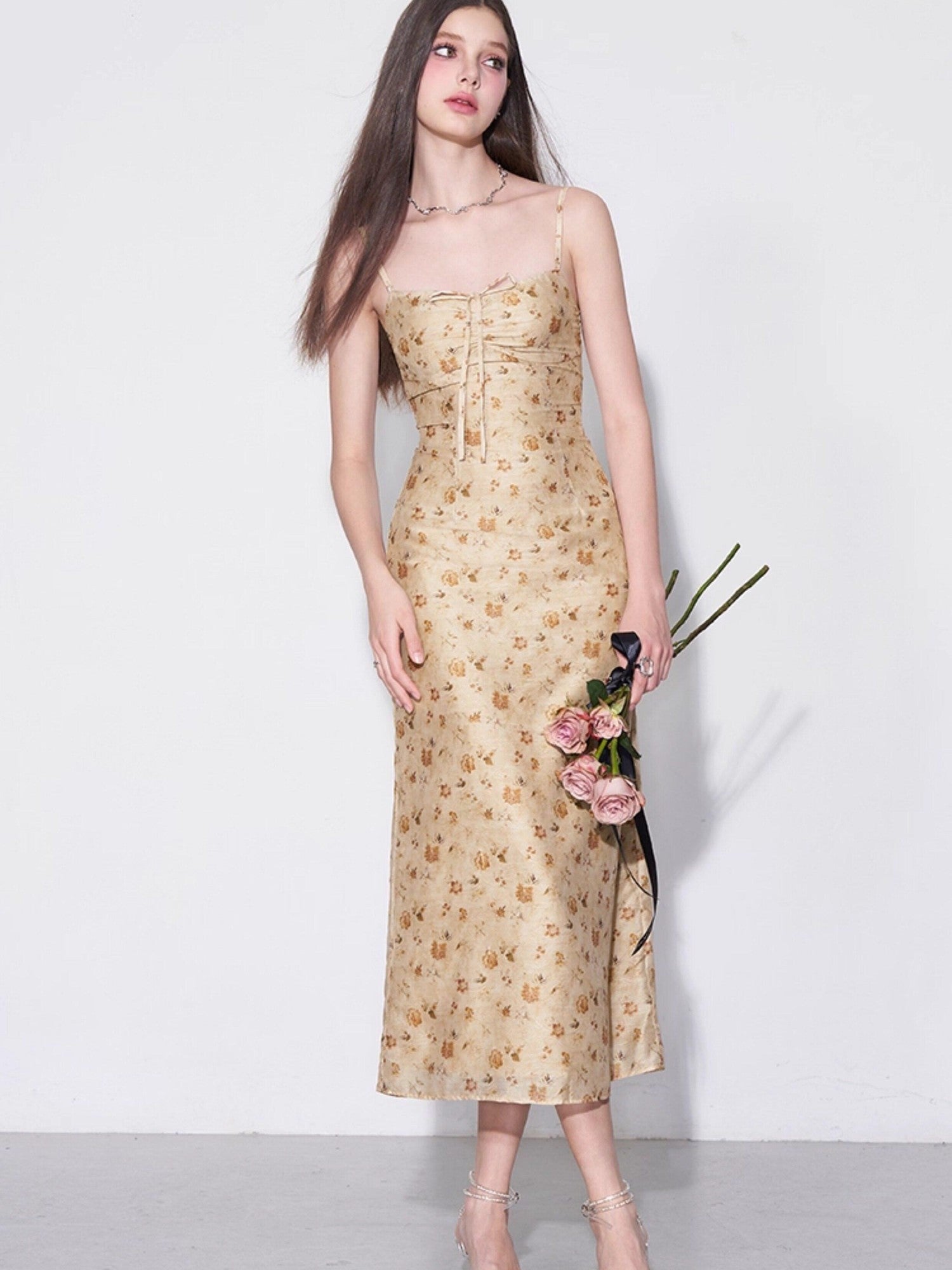 AFTADAWN Yellow Textured Jacquard Cinched Waist Aline Women&