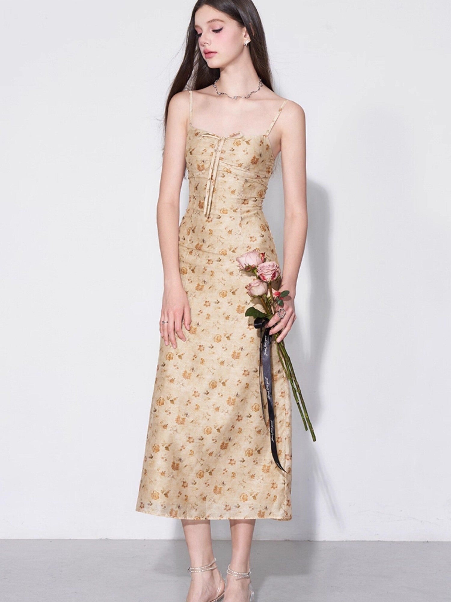 AFTADAWN Yellow Textured Jacquard Cinched Waist Aline Women&