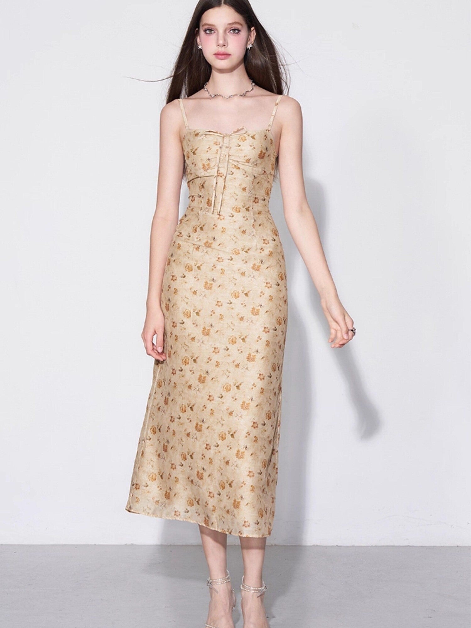 AFTADAWN Yellow Textured Jacquard Cinched Waist Aline Women&
