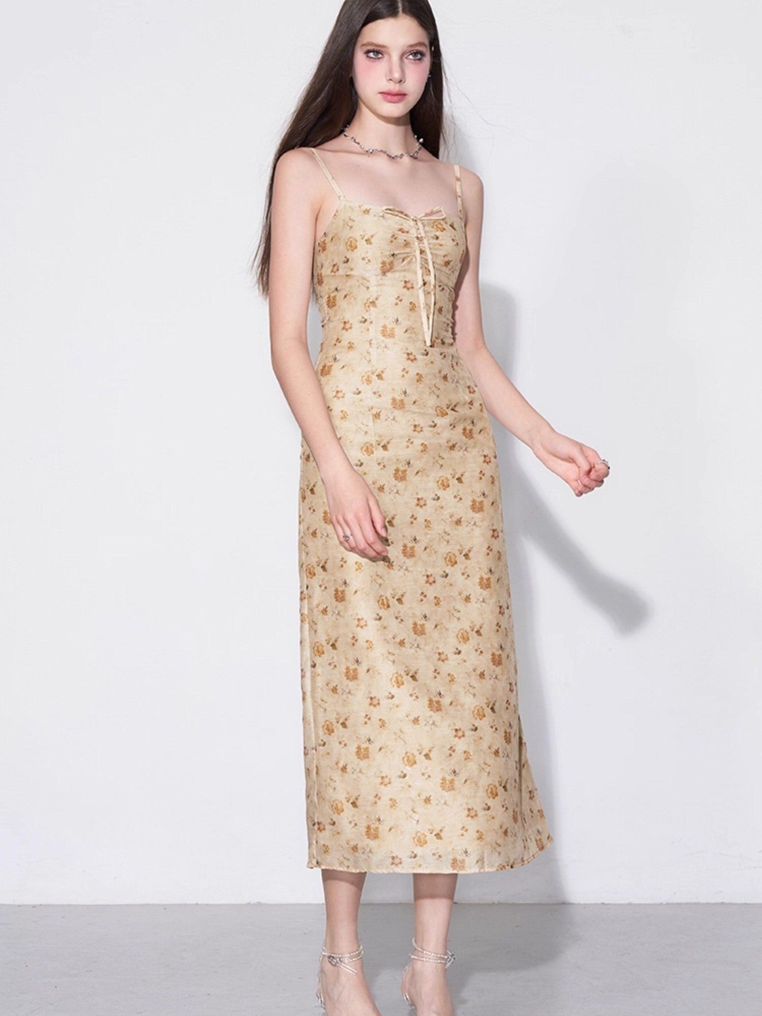 AFTADAWN Yellow Textured Jacquard Cinched Waist Aline Women&