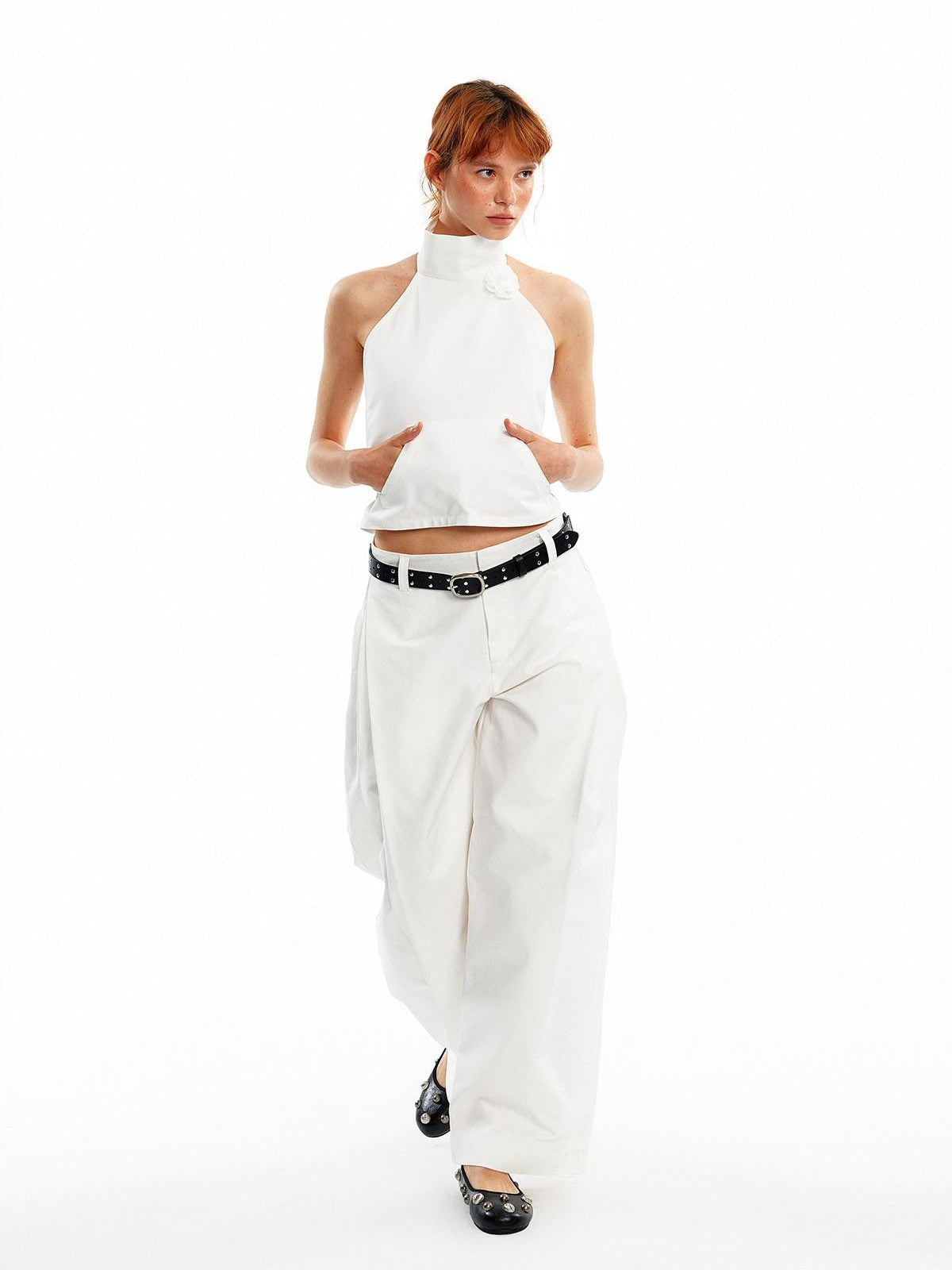ALINNV 3d Floral Cropped Backless Tie High Neck Women&
