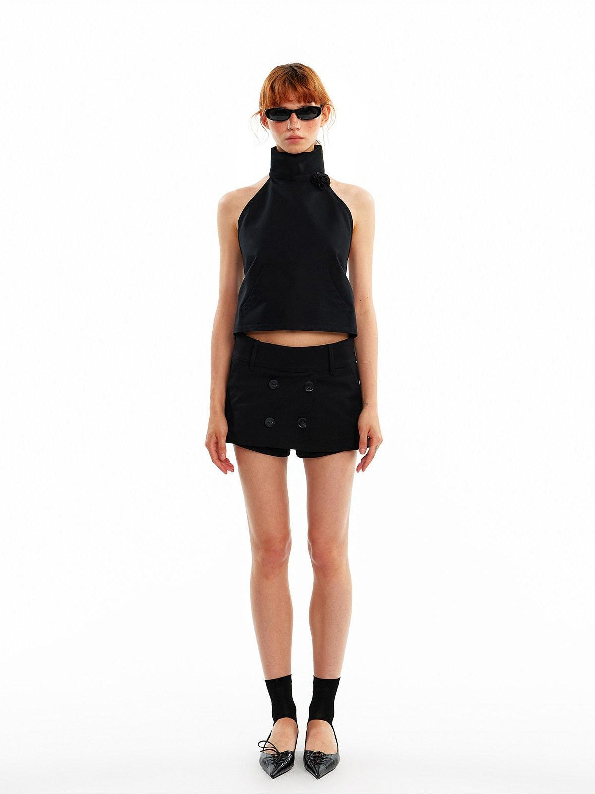 ALINNV 3d Floral Cropped Backless Tie High Neck Women&