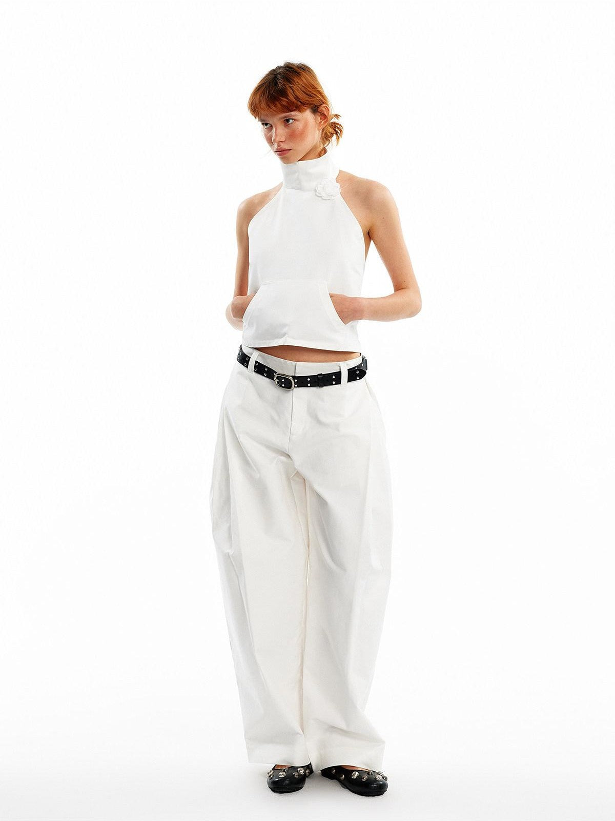 ALINNV 3d Floral Cropped Backless Tie High Neck Women&