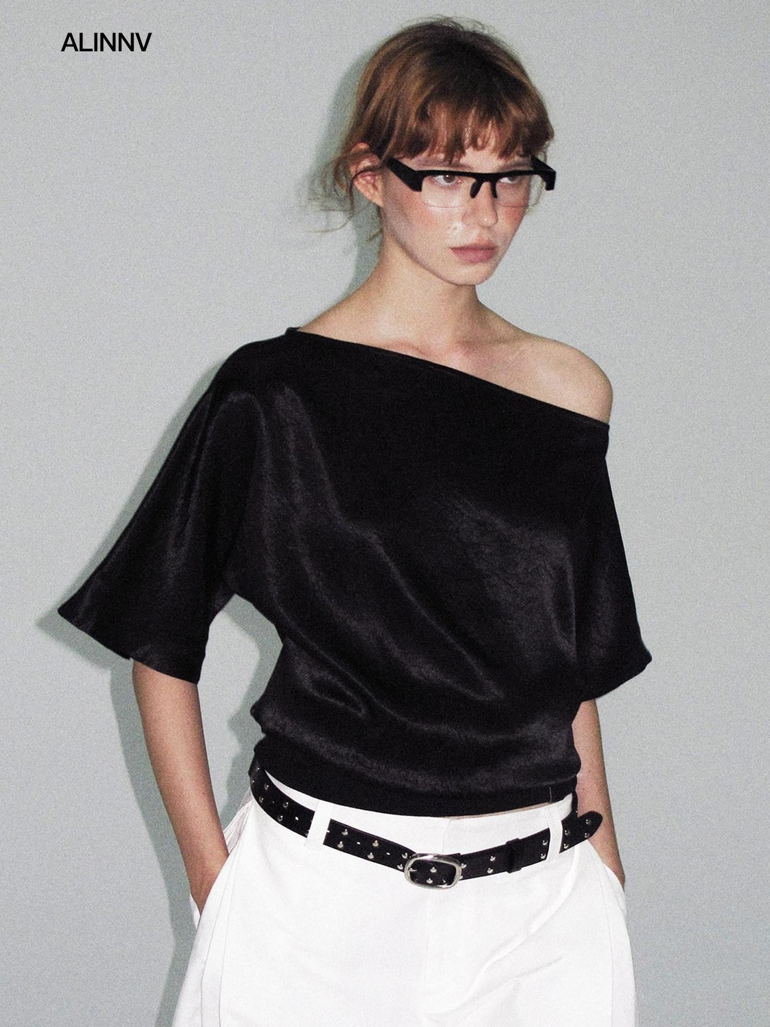 ALINNV Asymmetric Slanted Neck Batwing Women&