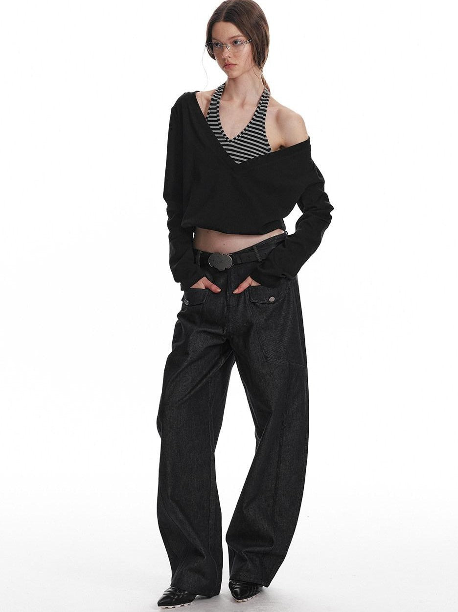 ALINNV Black Faux Two Piece Halter Neck Cropped Loose Women&