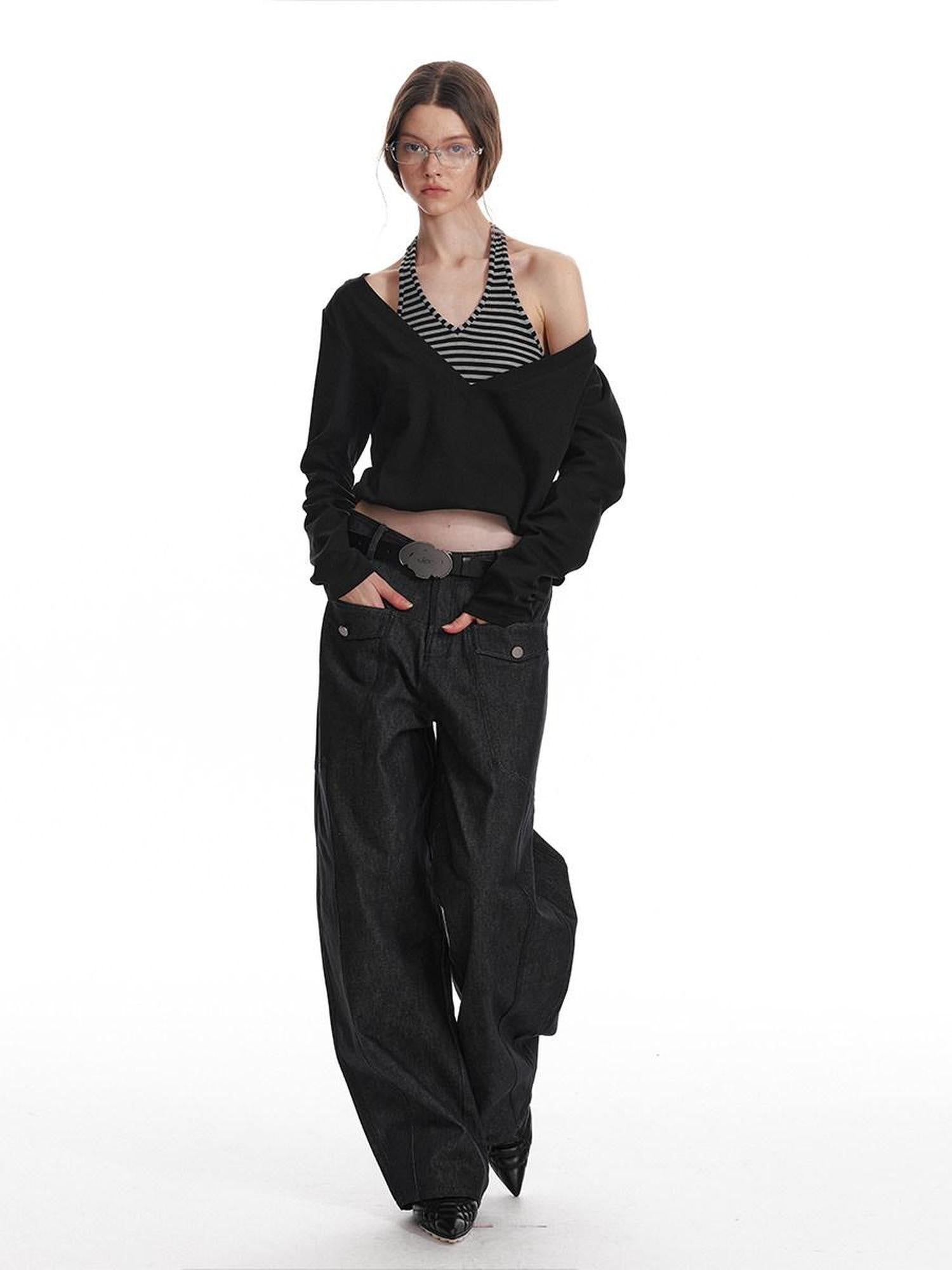 ALINNV Black Faux Two Piece Halter Neck Cropped Loose Women&