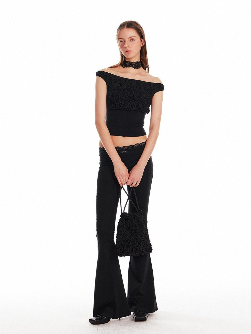 ALINNV Black Lace Splice Low Waist Elastic Slim Women&