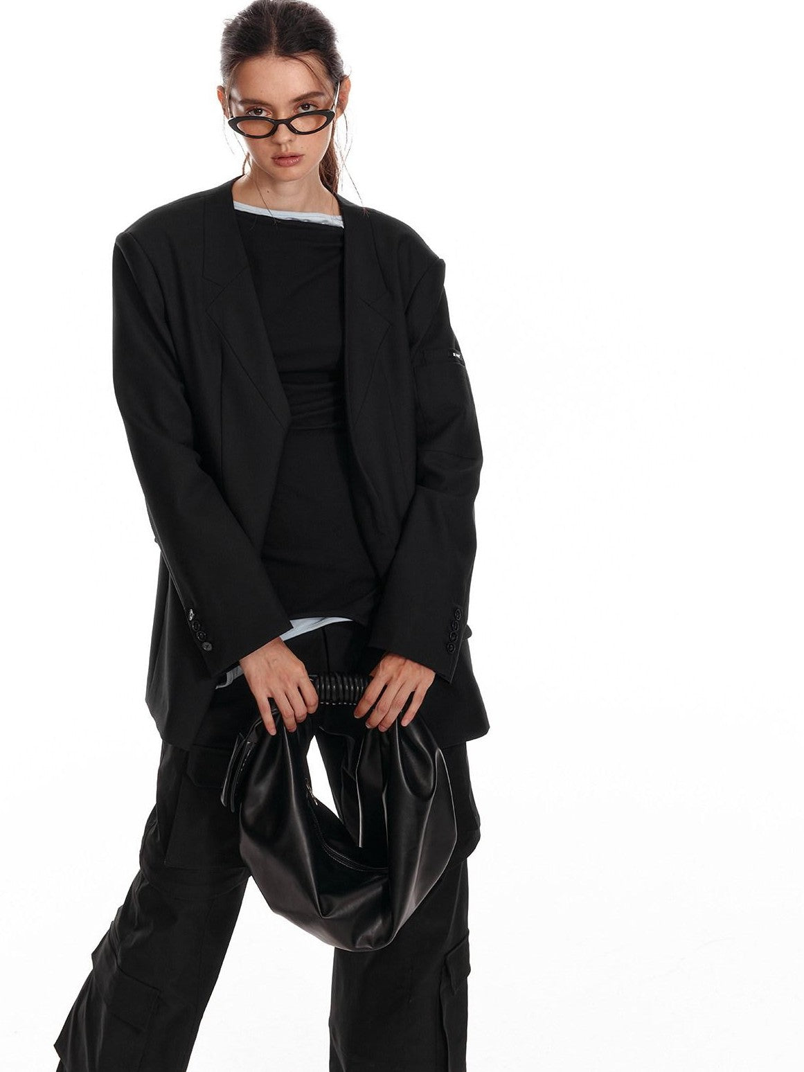 ALINNV Black Pleated Asymmetrical Dumpling Top Handle Women&