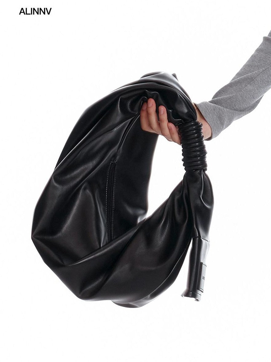 ALINNV Black Pleated Asymmetrical Dumpling Top Handle Women&