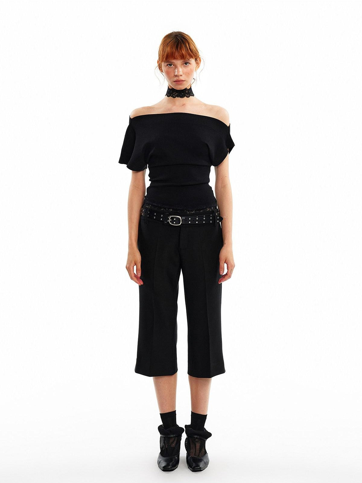 ALINNV Black White Reversible Lace Stretch Cropped Slim Women&