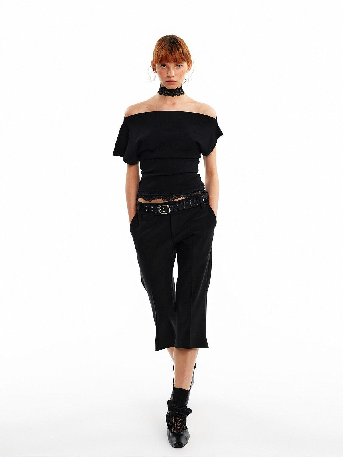 ALINNV Black White Reversible Lace Stretch Cropped Slim Women&