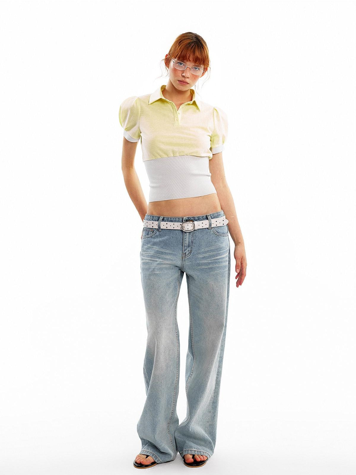 ALINNV Cinched Waist Puff Sleeve Button Polo Collar Women&