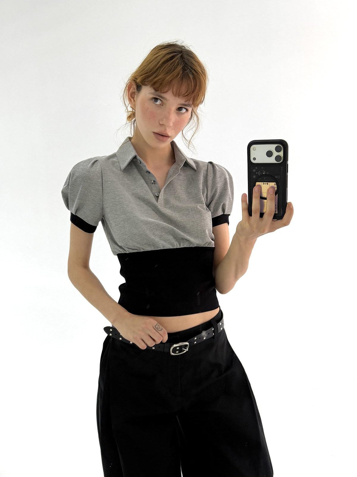 ALINNV Cinched Waist Puff Sleeve Button Polo Collar Women&