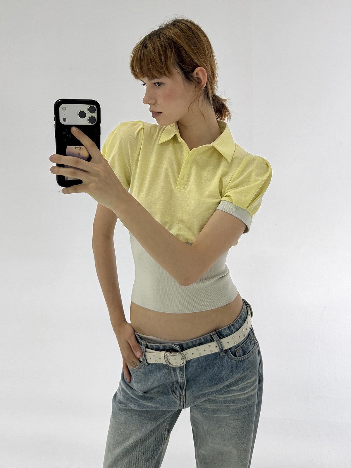 ALINNV Cinched Waist Puff Sleeve Button Polo Collar Women&
