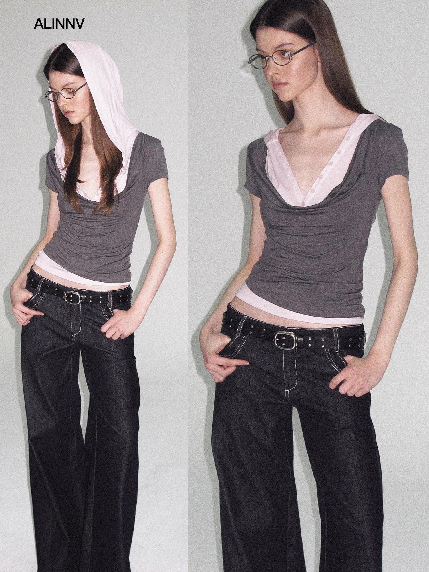 ALINNV Colorblock Spliced Layered Hooded Slimming Women&