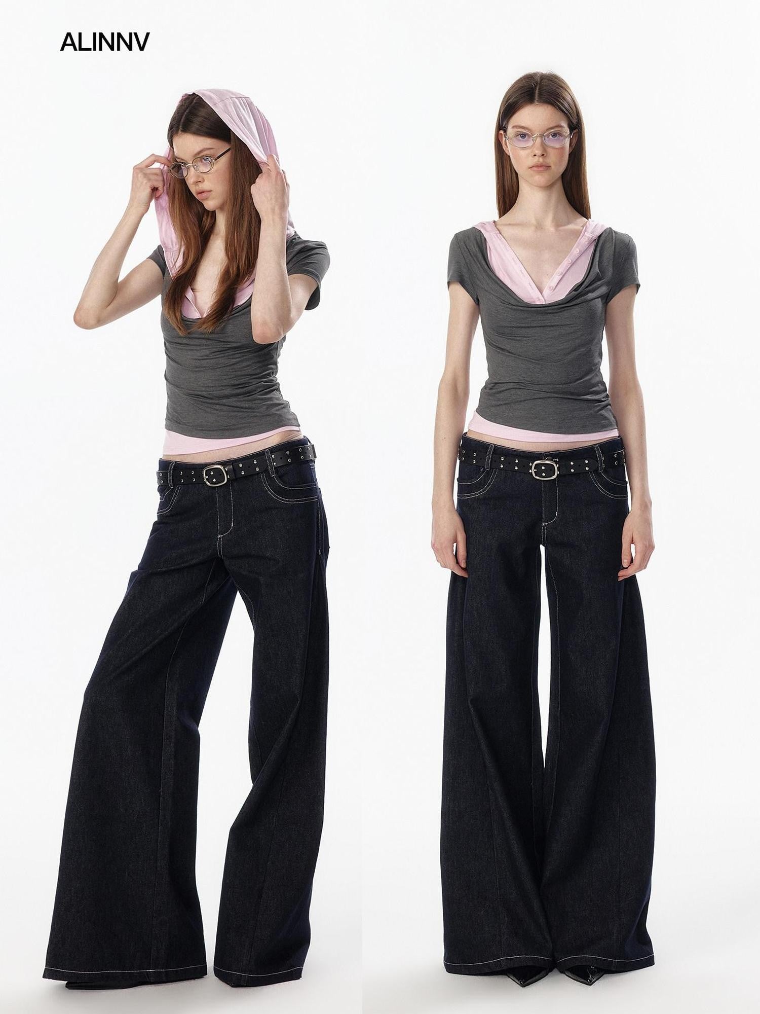 ALINNV Colorblock Spliced Layered Hooded Slimming Women&