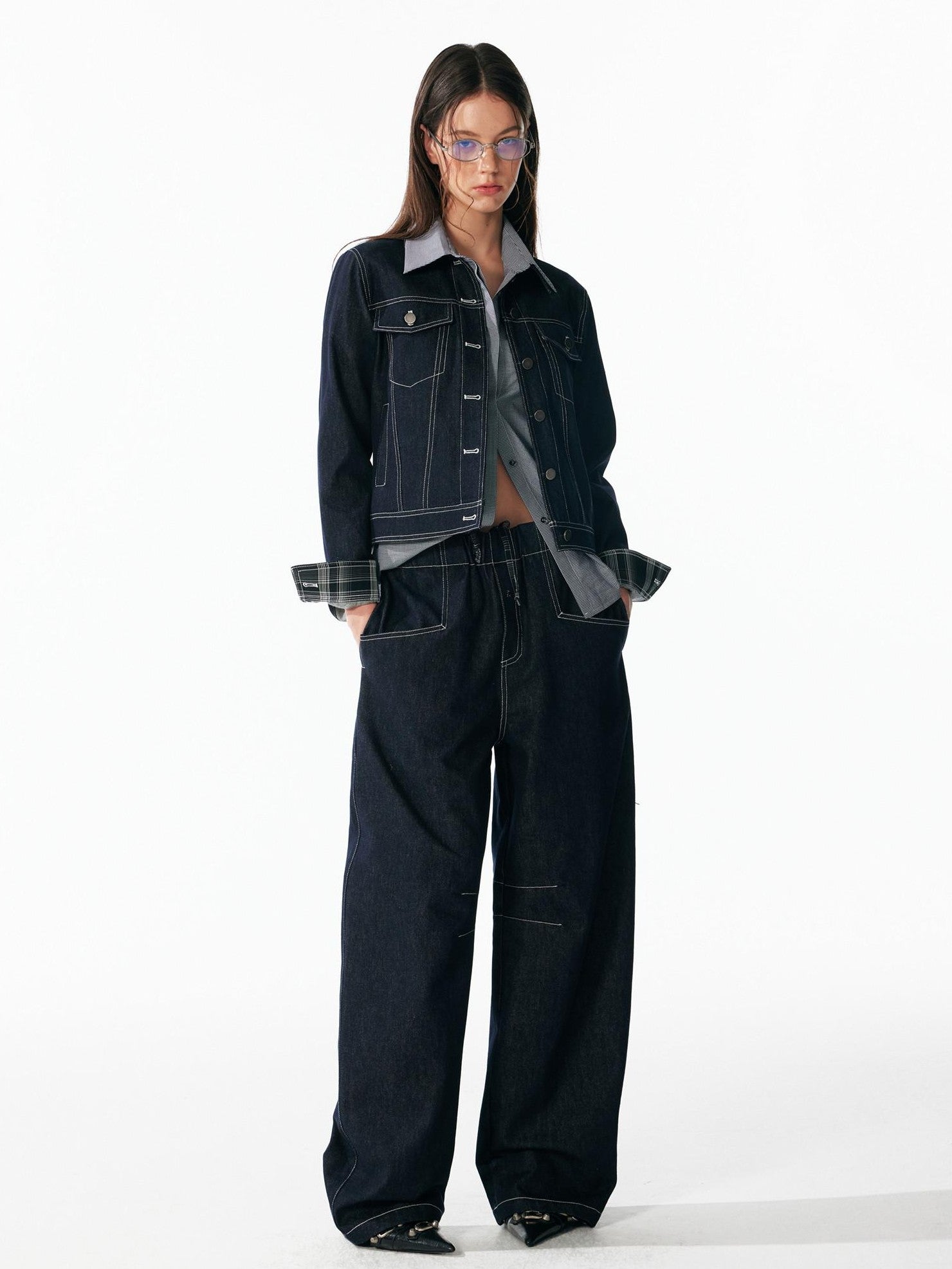 ALINNV Contrast Stitch Colorblock Short Lapel Slimming Women&