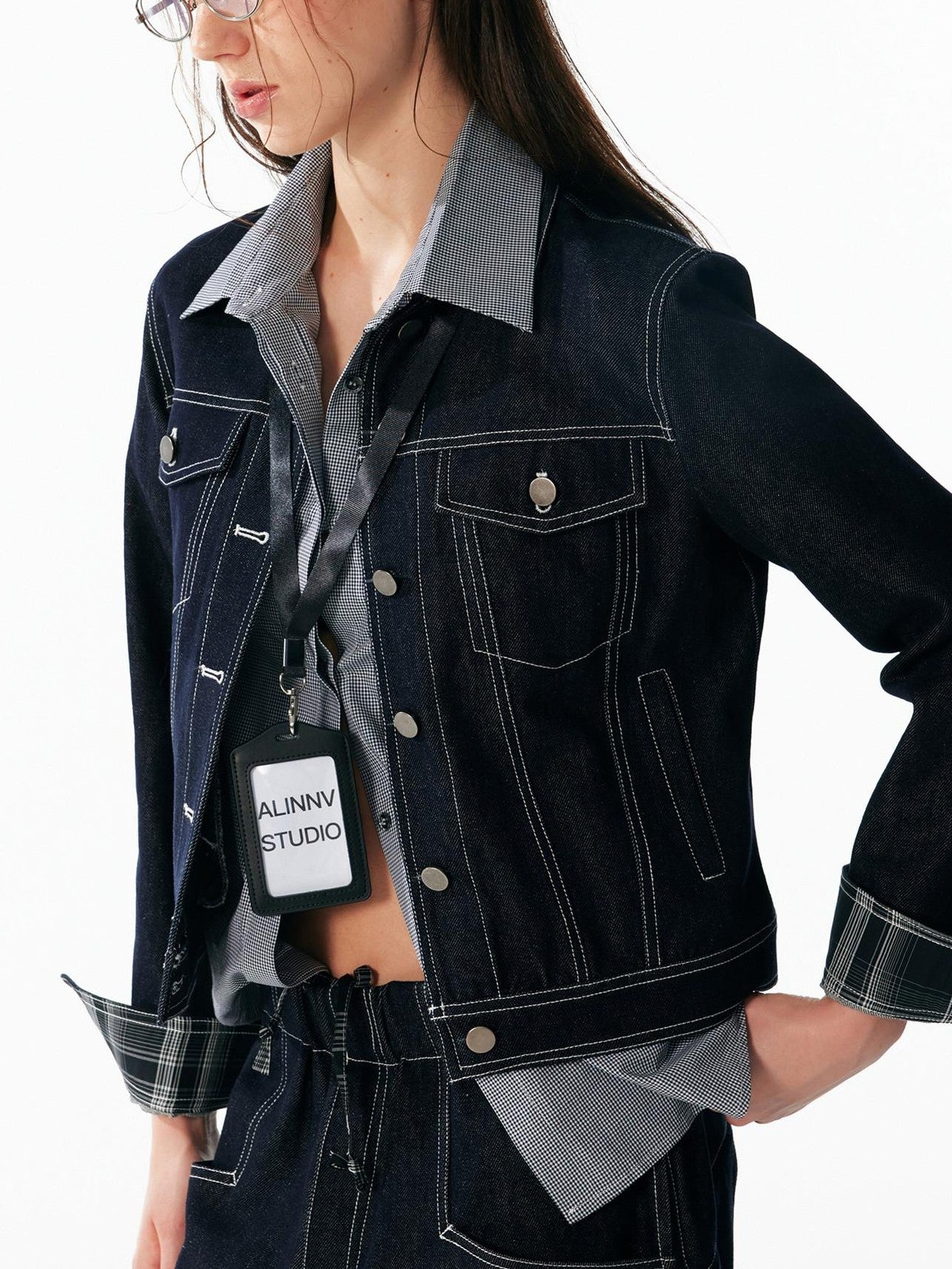ALINNV Contrast Stitch Colorblock Short Lapel Slimming Women&