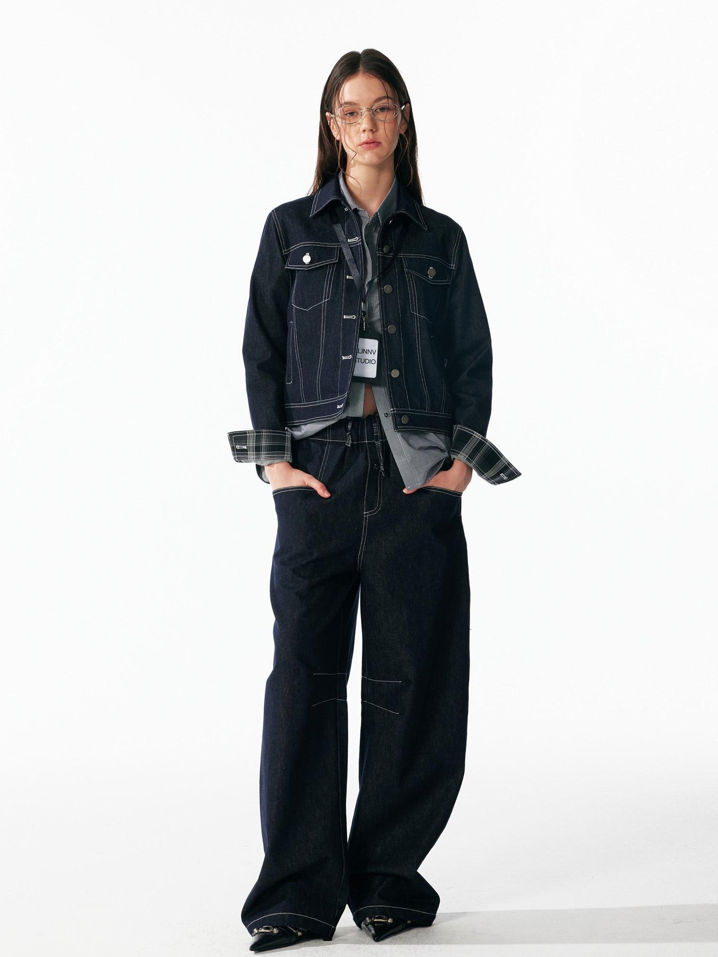 ALINNV Contrast Stitch Colorblock Short Lapel Slimming Women&