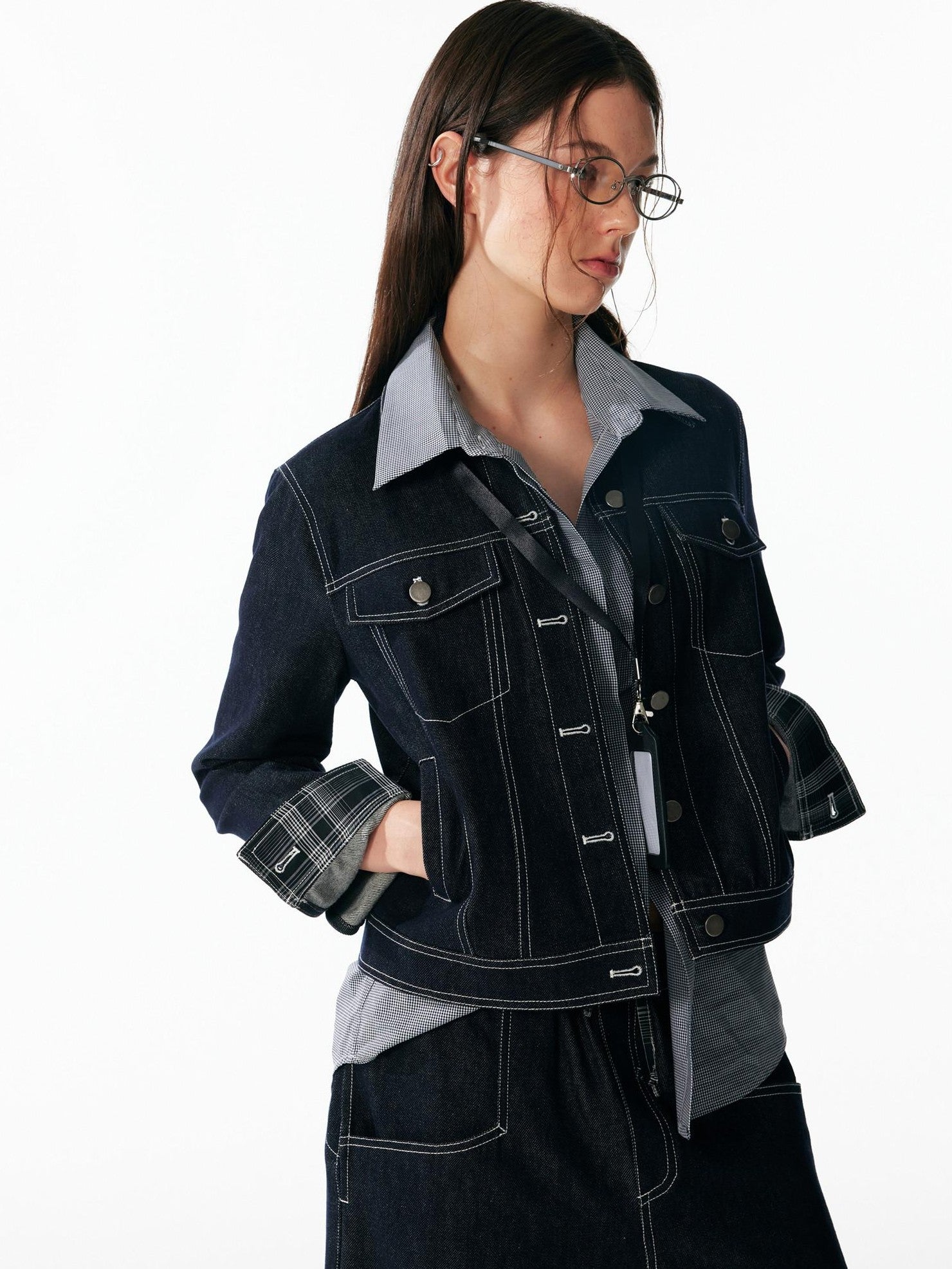 ALINNV Contrast Stitch Colorblock Short Lapel Slimming Women&