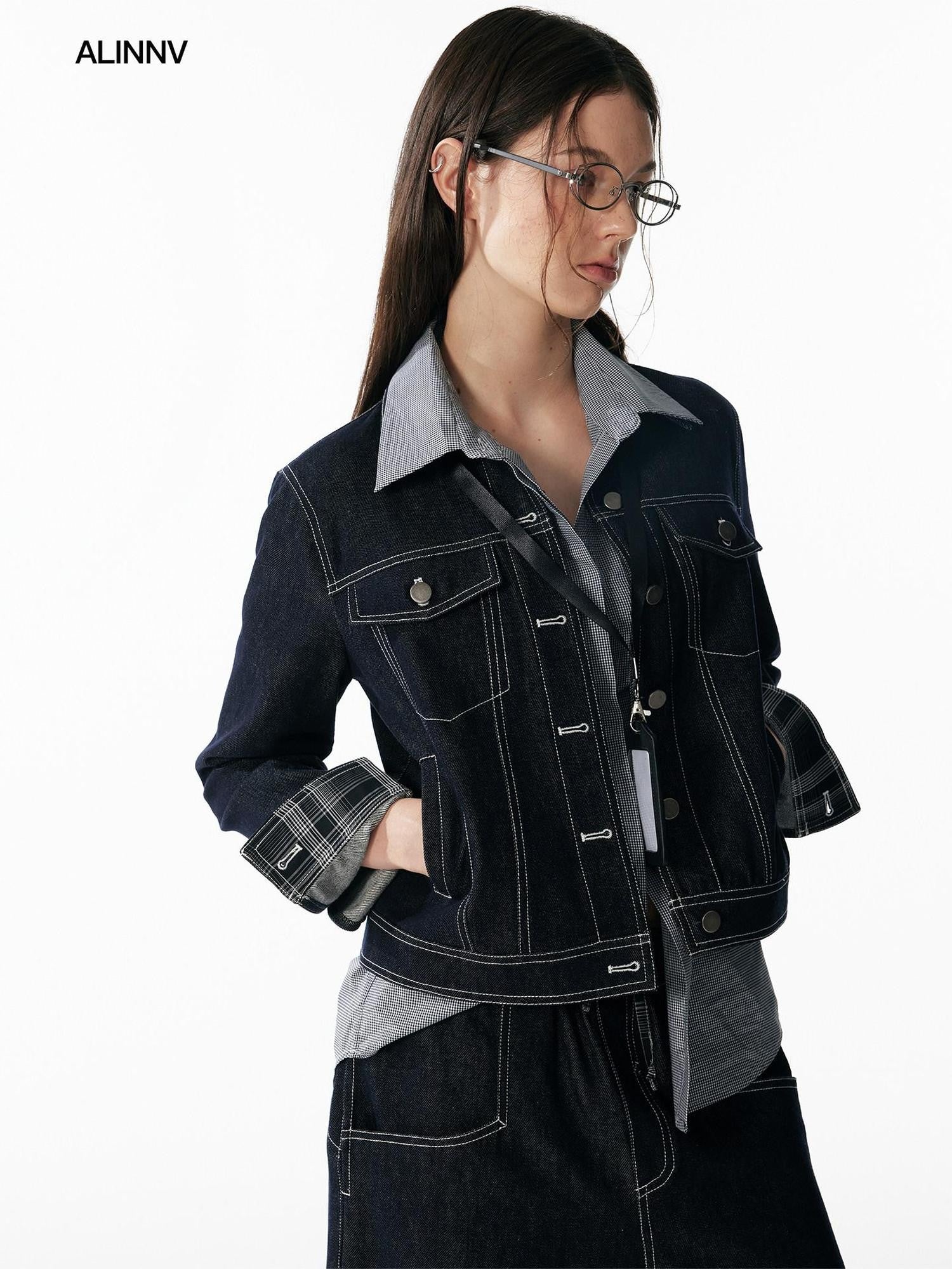 ALINNV Contrast Stitch Colorblock Short Lapel Slimming Women&