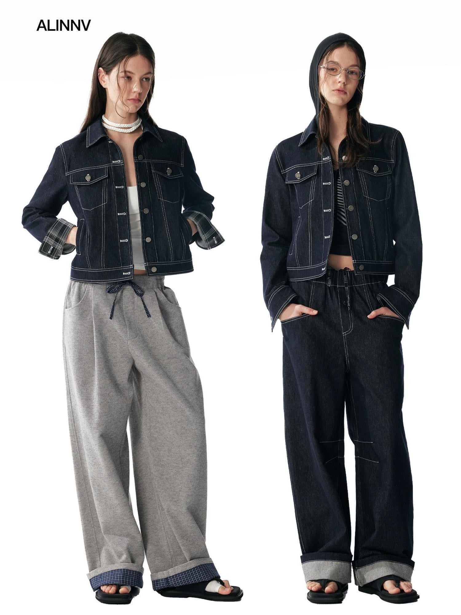 ALINNV Contrast Stitch Colorblock Short Lapel Slimming Women&
