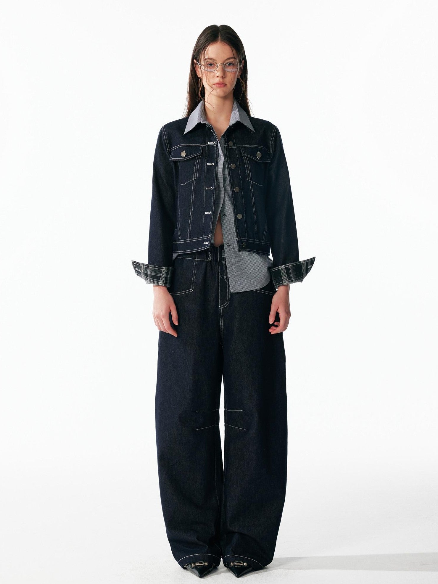 ALINNV Contrast Stitch Colorblock Short Lapel Slimming Women&
