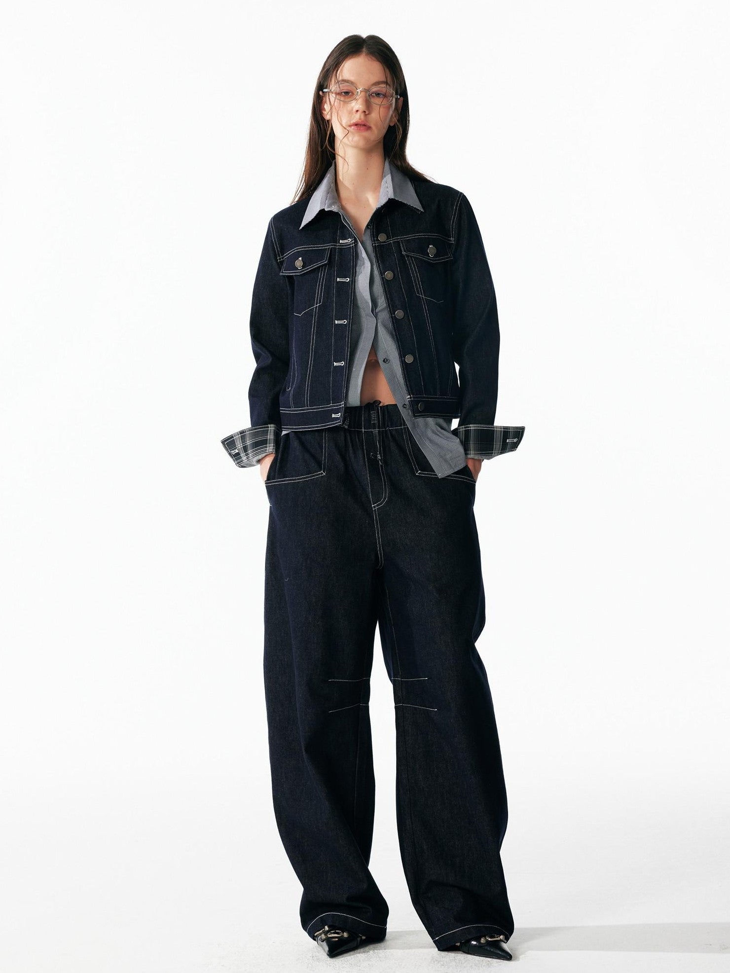 ALINNV Contrast Stitch Colorblock Short Lapel Slimming Women&
