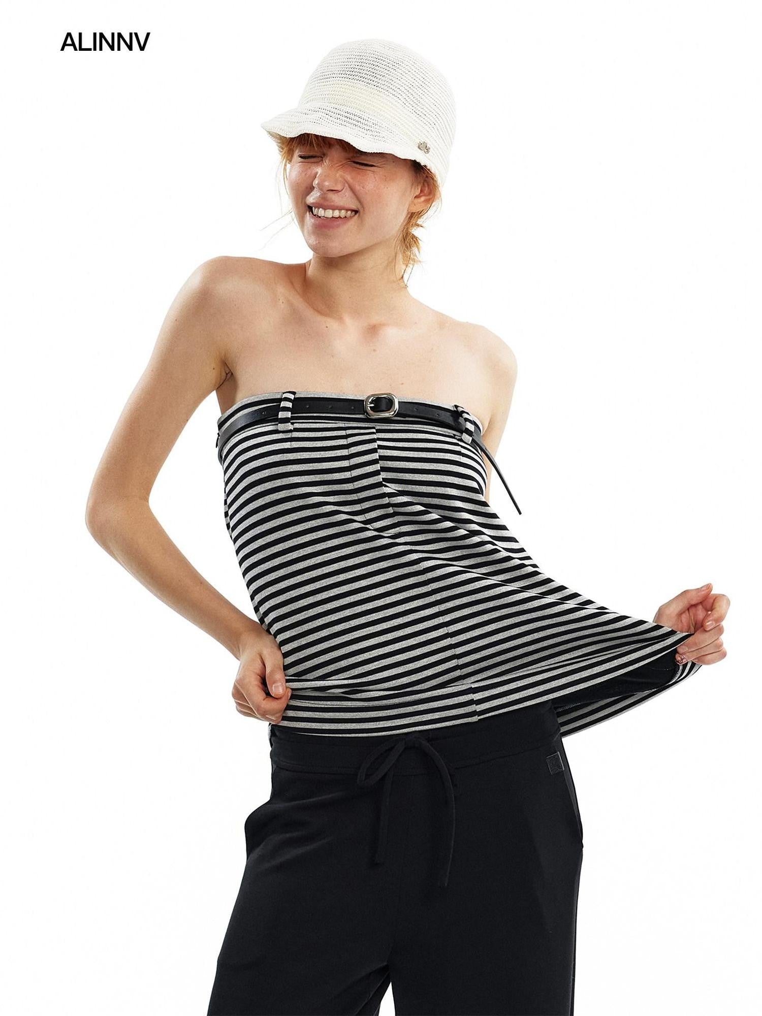 ALINNV Cropped Asymmetric Half Elastic Anti Slip Belted Women&
