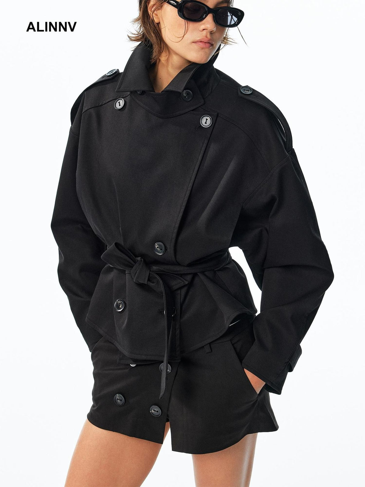 ALINNV Double Breasted Belted Short Tencel Women&