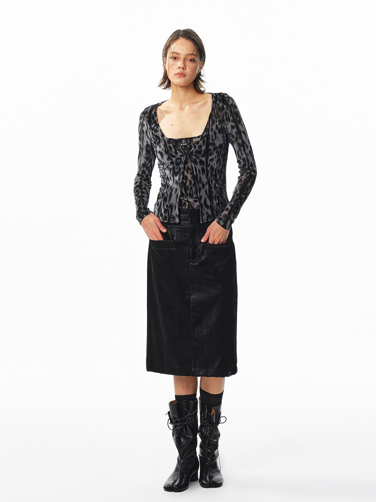 ALINNV Flocked Mesh Leopard Print U Neck Slim Fit Women&
