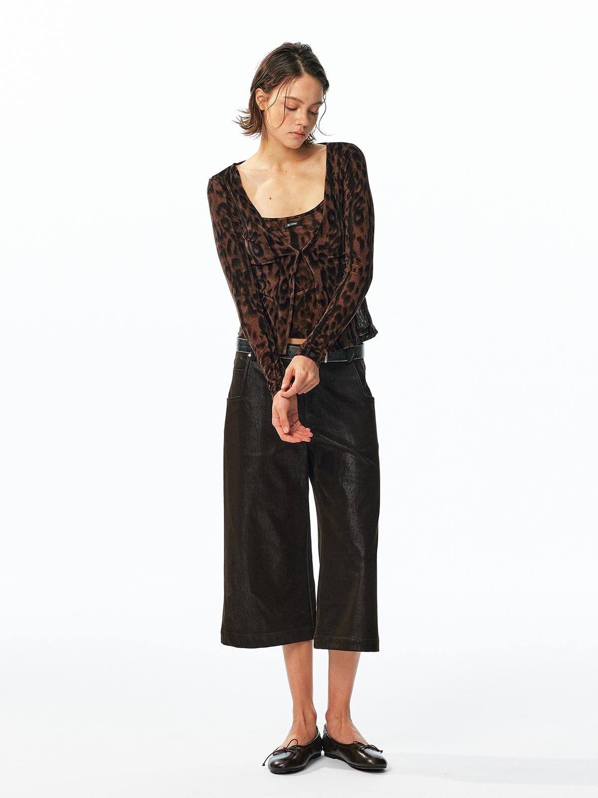 ALINNV Flocked Mesh Leopard Print U Neck Slim Fit Women&