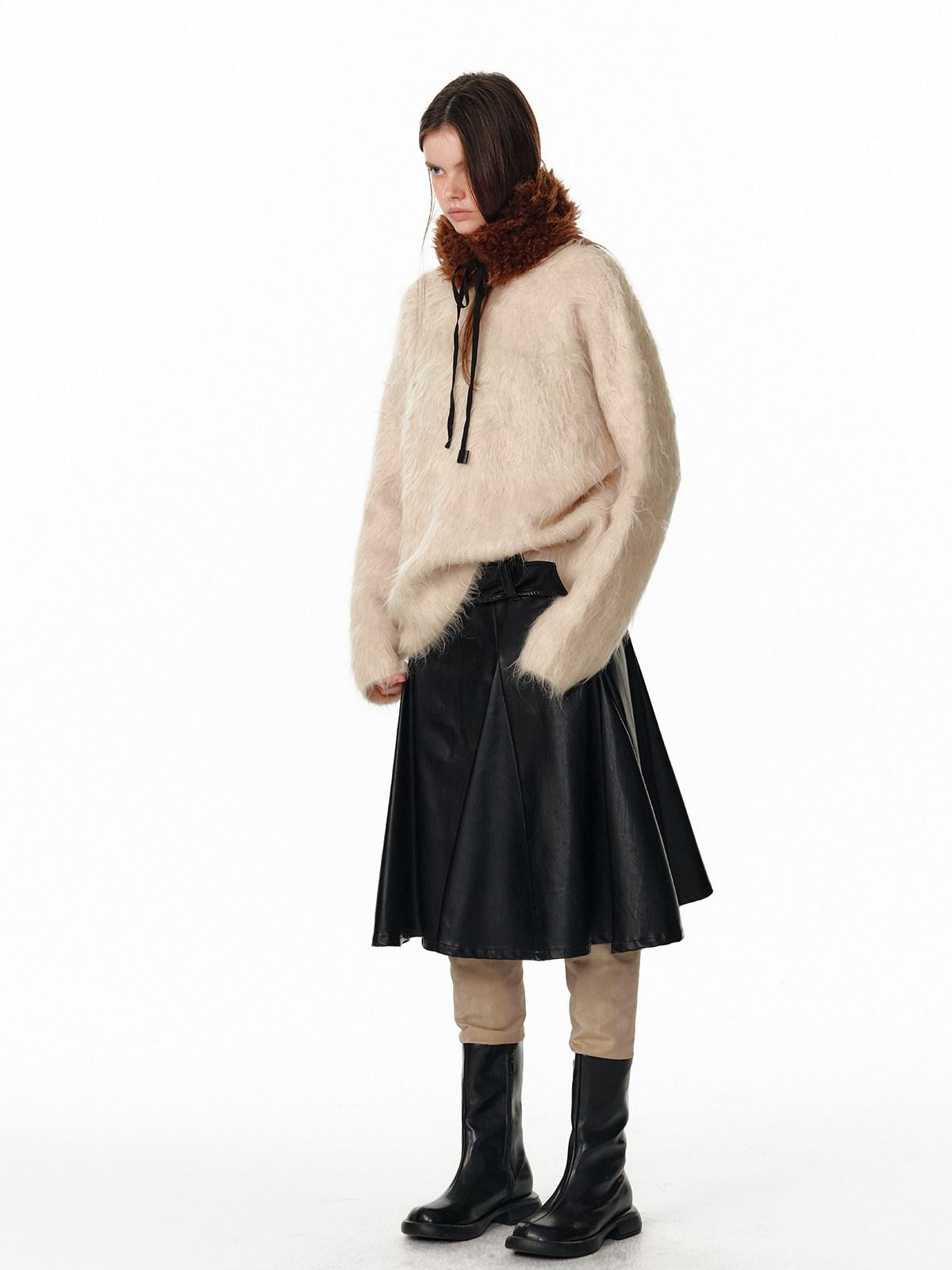 ALINNV Fuzzy Long Hair Alpaca Oversized Crewneck Women&