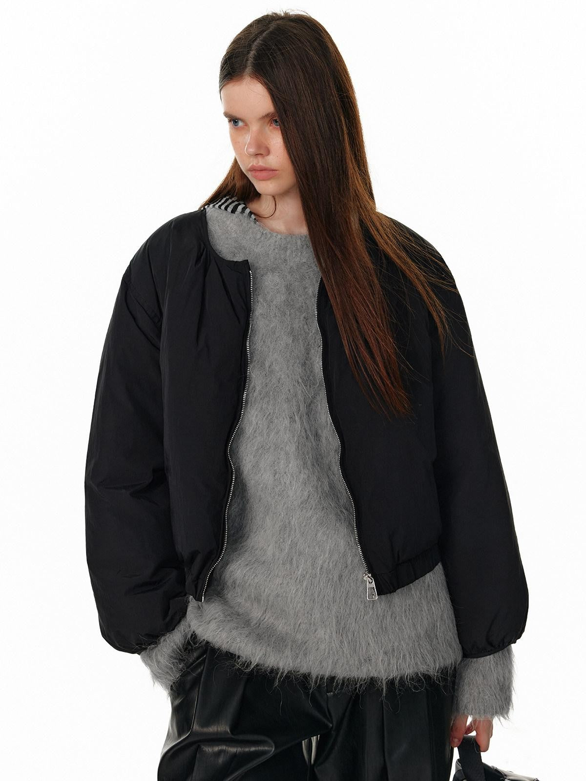 ALINNV Fuzzy Long Hair Alpaca Oversized Crewneck Women&