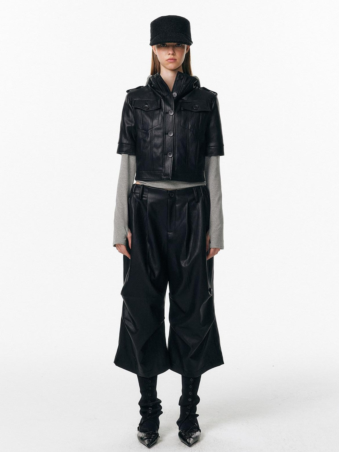 ALINNV Irregular Pleats Curved Hem Woven Texture Button Detail Women&