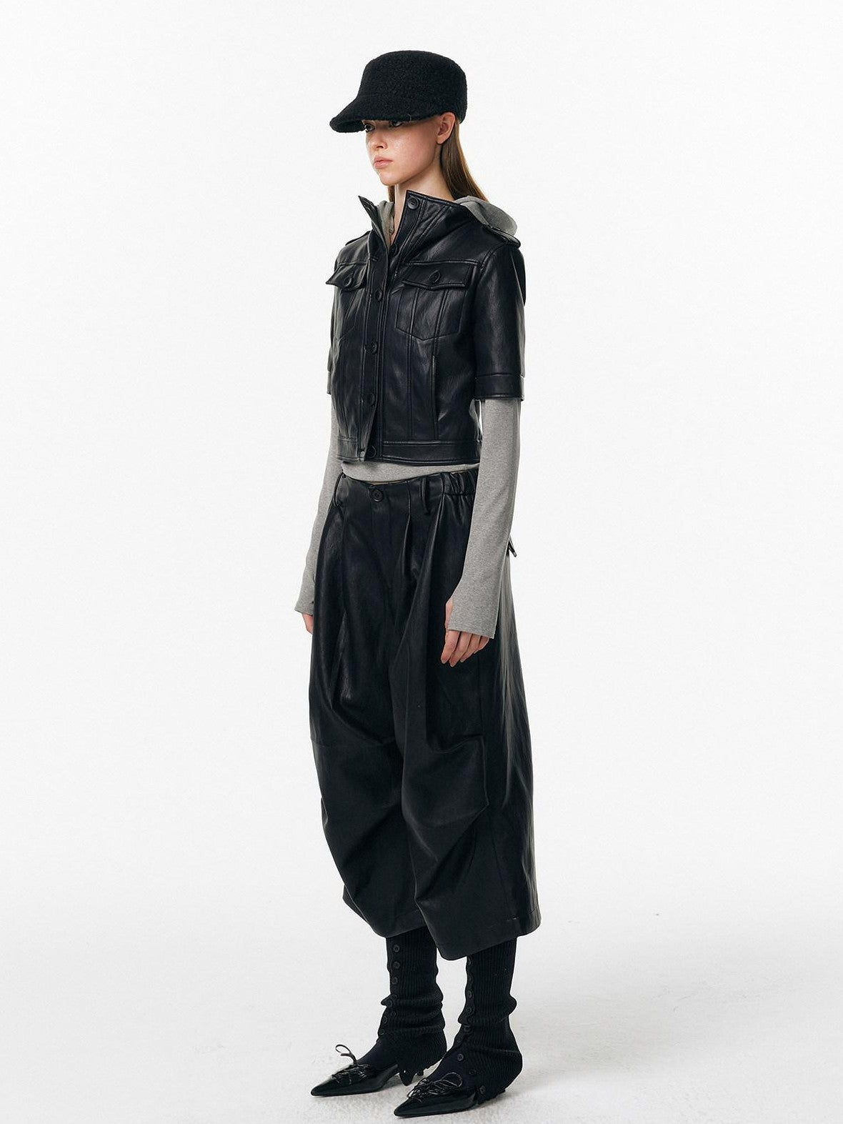 ALINNV Irregular Pleats Curved Hem Woven Texture Button Detail Women&