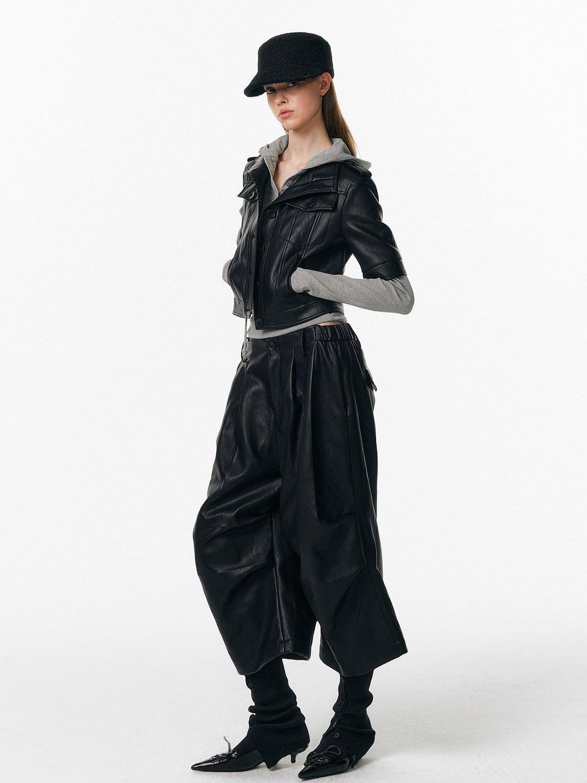 ALINNV Irregular Pleats Curved Hem Woven Texture Button Detail Women&